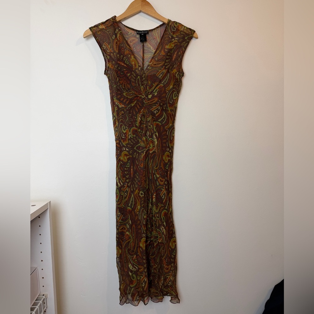 Vintage 90s bebe Silk Paisley Twist-Front Maxi Dress